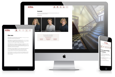 Ståhl fastihgeters hemsida i tre varianter: en surfplatteversion, en desktopversion och en mobilversion.