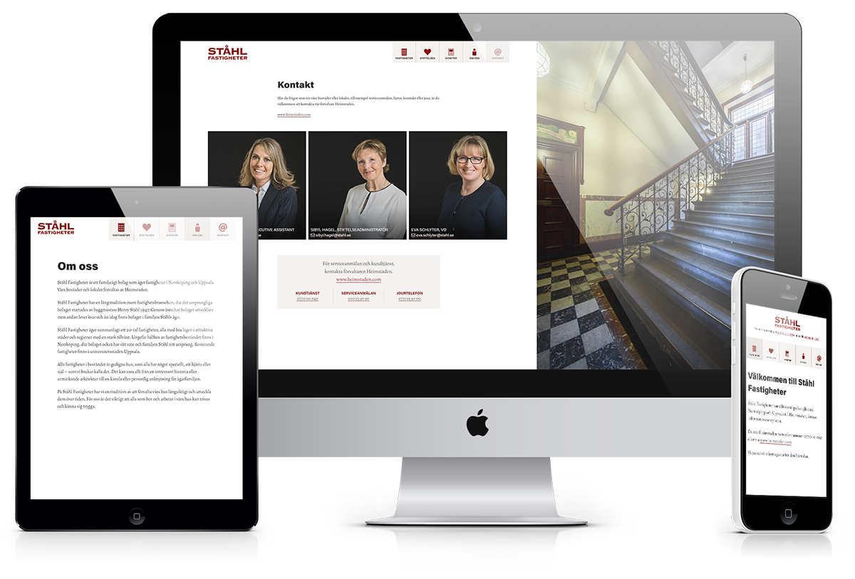 Ståhl fastihgeters hemsida i tre varianter: en surfplatteversion, en desktopversion och en mobilversion.