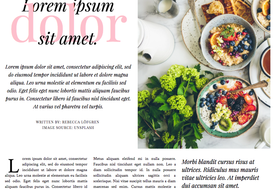 Ett utsnitt av ett kodexempel av CSS Layout Grid. Bilden visar en tidningsartikel med platshållartext. Artikeln använder et 6-kolumnsgrid.