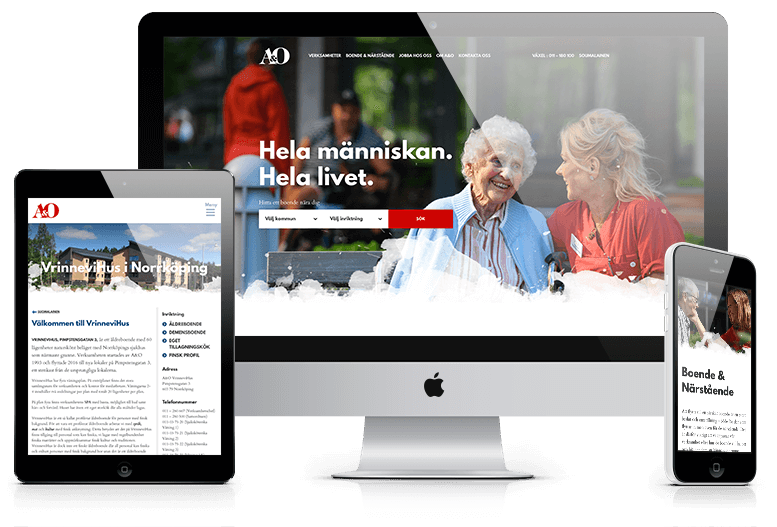 Hemsida för Ansvar och Omsorg visad på olika skärmar