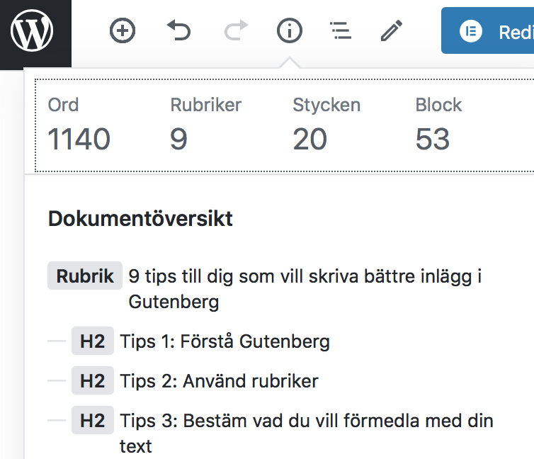 Illustrerar var (i) finns i wordpress och vilken information den ger.